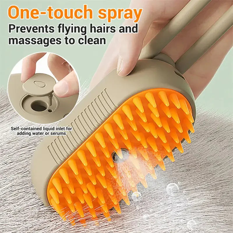 Pet Steam Brush – 3-in-1 Grooming Tool for Cats & Dogs Brown